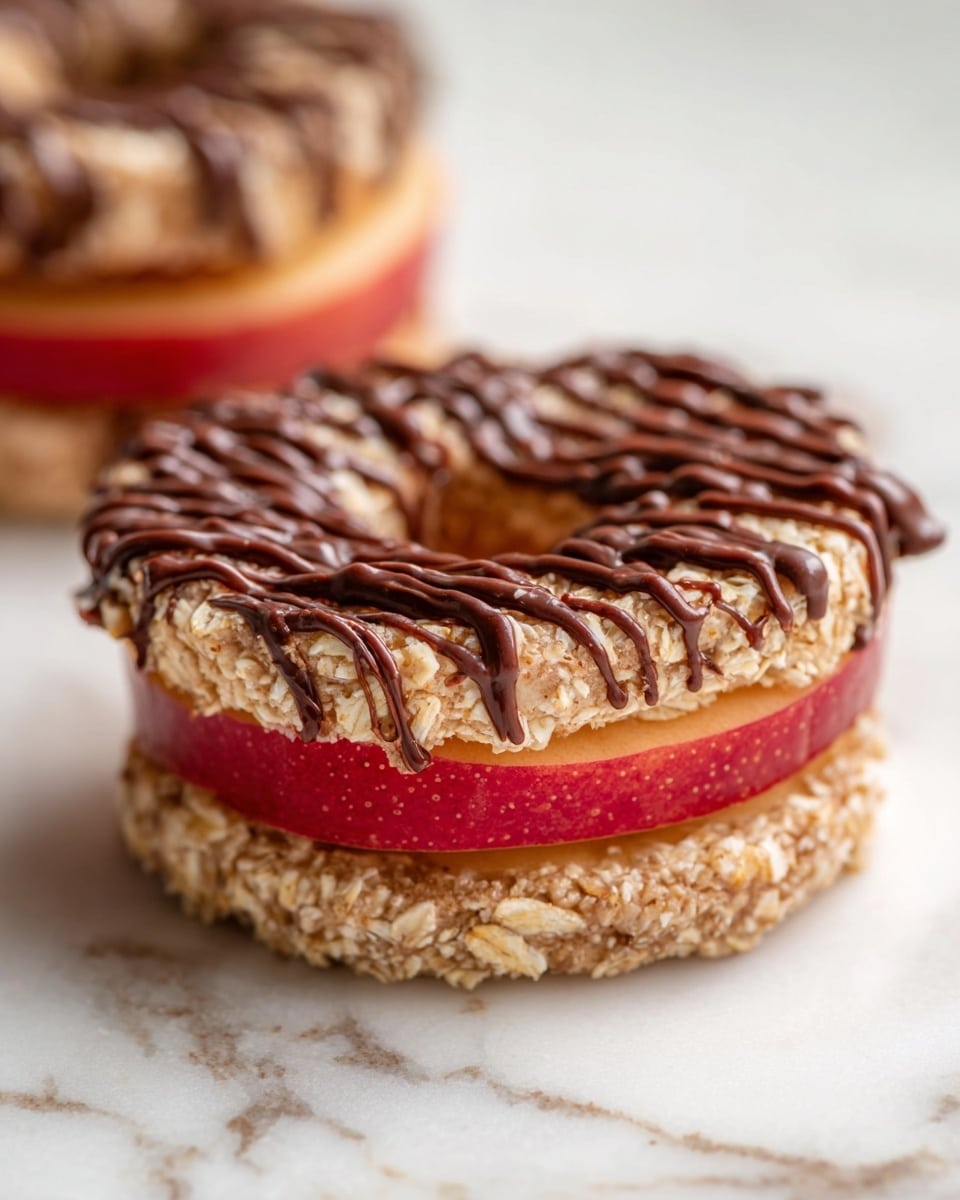 The image shows a close-up of a stack of three circular treats with three layers each. The bottom layer is a thick red apple slice with smooth texture, the middle layer is a rough-textured, light beige oat mixture shaped in a ring that fits perfectly on top of the apple slice, and the top layer is dark brown chocolate drizzled in a zigzag pattern across the oat ring. The treats are placed on a white marbled surface with a soft focus in the background. photo taken with an iphone --ar 4:5 --v 7