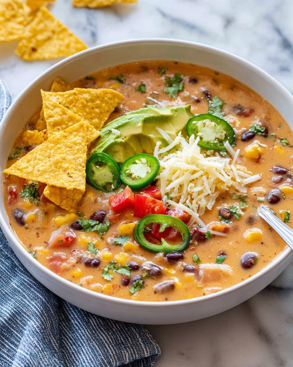 A white bowl filled with a thick, creamy soup base in a light orange color mixed with black beans, corn, and small chopped vegetables. On top, there are thin, light green slices of avocado and bright green jalapeño slices, along with small pieces of red bell pepper scattered around. A handful of shredded white cheese is placed in the center, and broken yellow corn tortilla chips are added on and around the soup edges. The bowl sits on a white marbled surface with a blue and white striped cloth underneath and a spoon partially visible inside the bowl. Photo taken with an iphone --ar 4:5 --v 7