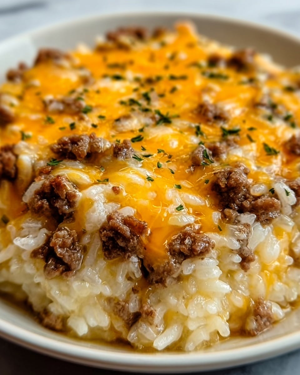 A close-up view of a creamy risotto dish layered in a round black bowl, sitting on a white marbled surface. The bottom layer is soft, light beige risotto with visible grains of rice. On top of that, there is a layer of browned, crumbled sausage pieces that add a rich, meaty texture and dark brown color. The topmost layer is melted cheese, a mix of golden-orange cheddar and white mozzarella, melted evenly across the sausage and rice, creating a gooey and shiny effect. Small green herb sprinkles are scattered on top, adding a touch of freshness and color contrast. Photo taken with an iphone --ar 4:5 --v 7
