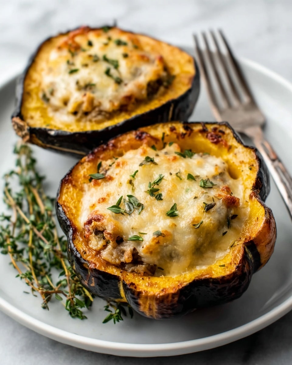 Two halves of a stuffed acorn squash sit on a white plate. Each half has a dark green, slightly charred outer skin with a yellow-orange inner flesh. The squash is filled with a creamy, golden-brown cheesy mixture that is browned on top, showing some melted cheese bubbles and light crust. Small green herb leaves are sprinkled evenly on the cheese topping. Fresh herb sprigs are placed beside the squash halves, and a silver fork rests near the top edge of the plate. All of this is on a white marbled textured surface. photo taken with an iphone --ar 4:5 --v 7