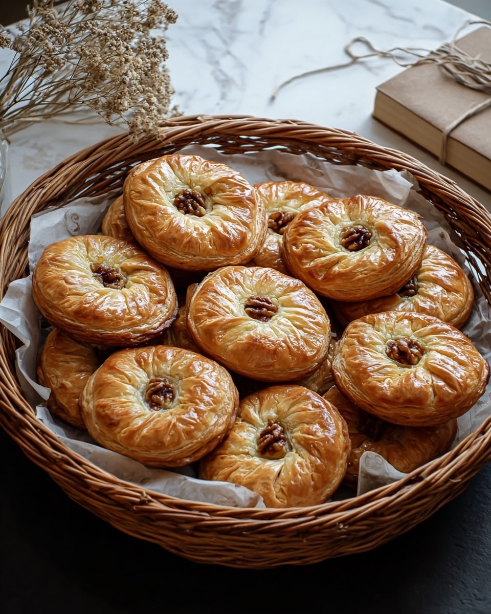 A round wicker basket holds a neat stack of eight golden-brown pastries with a flaky texture. Each pastry has a circular shape with a slightly raised layered crust that is shiny and crisp, and a small, darker brown nut or seed cluster is visible in the center. The pastries rest on a piece of parchment paper inside the basket. The background features a soft white marbled surface with a few dried flowers to the left and a wrapped book tied with string behind the basket. Photo taken with an iphone --ar 4:5 --v 7