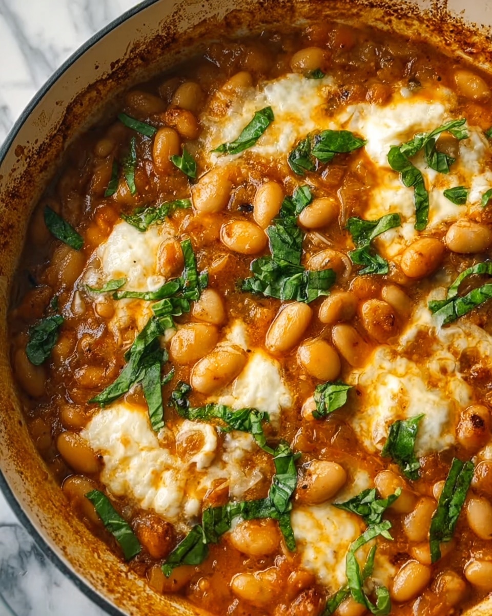 A close-up view inside a white pot filled with a thick stew made of white beans, bright green spinach leaves, small chunks of red tomatoes, and a rich reddish-brown sauce, all mixed with melted white cheese scattered unevenly on the surface. The edges of the pot show some sauce stains, and the dish has a slightly oily shine. The pot rests on a white marbled surface with a light beige cloth nearby. photo taken with an iphone --ar 4:5 --v 7