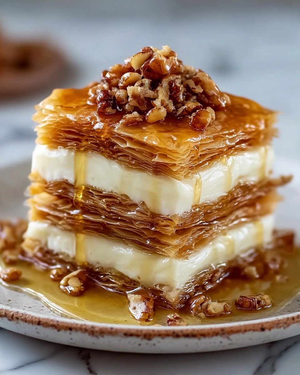 The image shows a dessert made of three thick layers stacked vertically, each layer consisting of thin, golden-brown, crispy phyllo dough sheets. Between the layers, there is a smooth, creamy white filling, and the dessert is topped with a glossy, amber syrup that drips slightly down the sides. On top of the dessert, there is a small pile of crunchy chopped nuts with a rich brown color. The dessert sits on a white plate with a slightly worn rim, placed on a white marbled surface. photo taken with an iphone --ar 4:5 --v 7