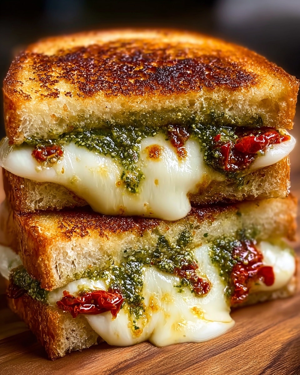 A close-up of a grilled sandwich cut into two halves stacked on each other on a wooden surface. The sandwich shows three layers: two slices of golden-brown toasted bread with a slightly crisp, textured crust, a thick layer of melted white cheese that looks soft and gooey, and a layer of green pesto sauce mixed with pieces of red sun-dried tomatoes. The cheese oozes out slightly, blending with the pesto and tomatoes, creating a rich and colorful filling photo taken with an iphone --ar 4:5 --v 7