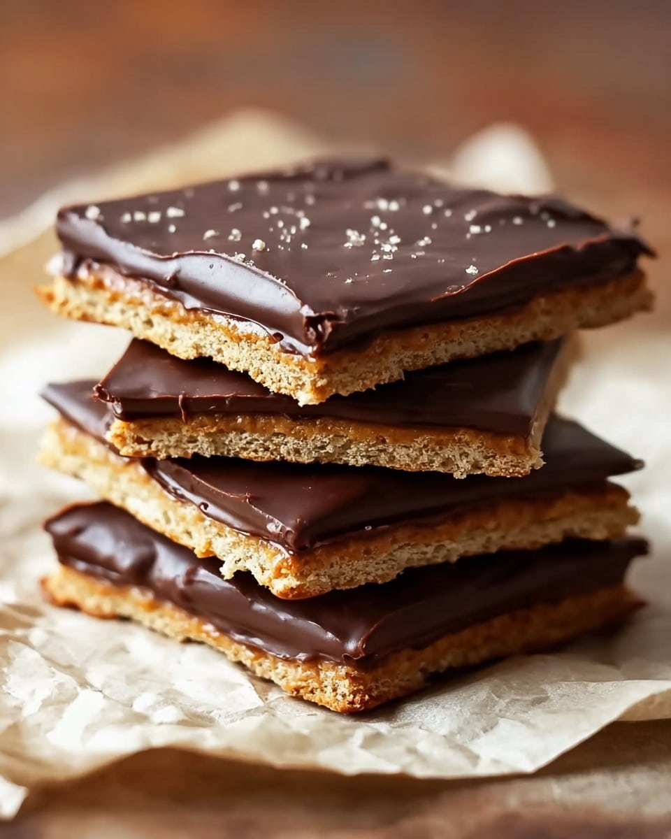 A stack of four square chocolate-covered crackers layered evenly, each cracker is light brown and slightly rough in texture with a smooth, thick dark brown chocolate layer on top, which has a shiny and slightly wavy surface with small sprinkled crumbs. The stack is placed on a piece of crinkled parchment paper on a white marbled surface with a soft blurred warm background. Photo taken with an iphone --ar 4:5 --v 7