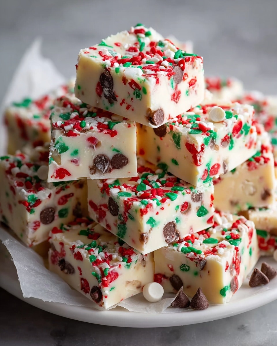 A stack of white fudge squares sits on a white plate lined with parchment paper on a white marbled texture. Each fudge piece has a creamy white base filled with colorful red, green, and white sprinkles, as well as small brown chocolate chips scattered throughout. The edges of each square are smooth and the top faces show a dense sprinkle coverage with vibrant colors, creating a festive and bright look. The stack is slightly uneven, with some squares tilted on top of others, adding a casual, homemade feel. Photo taken with an iphone --ar 4:5 --v 7