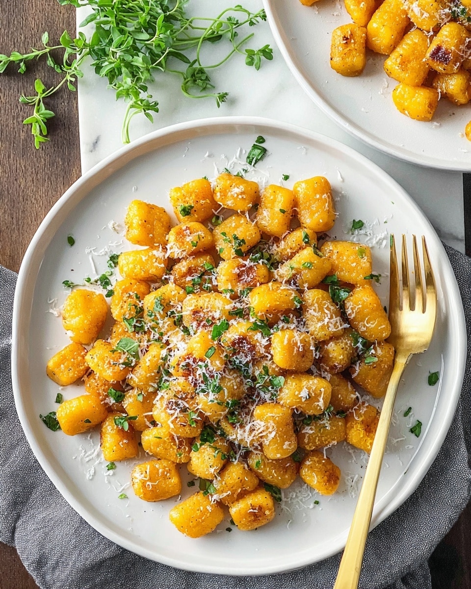 A white round plate filled with small, golden-orange gnocchi pieces that are lightly browned and crispy on the edges, spread evenly across the plate. The gnocchi are topped with finely chopped green herbs scattered throughout and a light dusting of white grated cheese. The plate is placed on a white marbled surface, with some green herb sprigs nearby and a gray cloth with a gold fork to the right side. Part of another white plate with more gnocchi is visible at the top right corner. Photo taken with an iphone --ar 4:5 --v 7