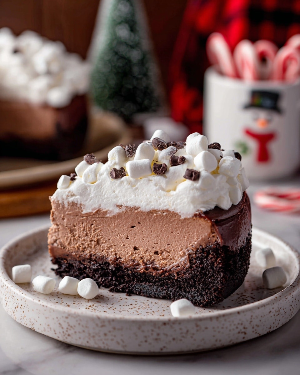 A slice of chocolate cheesecake is shown on a white speckled plate. The cheesecake has three layers: a dark chocolate crumb crust at the bottom, a thick middle layer of creamy chocolate cheesecake, and a top layer of fluffy white whipped cream. The whipped cream is decorated with small white marshmallows and dark chocolate chips scattered on top. In the background, there is a blurred holiday scene with candy canes and a mug decorated like a snowman, sitting on a white marbled surface. Photo taken with an iphone --ar 4:5 --v 7