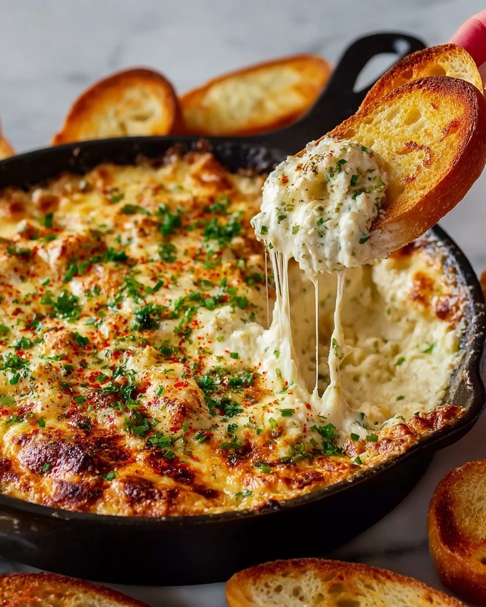 A black skillet filled with a hot, creamy cheese dip that has a golden-brown top layer covered with chopped green herbs and red seasoning. The top surface is bubbly and slightly browned with melted cheese strands stretching from the dip to a piece of toasted white bread held by a woman's hand, which is scooping the dip. The background shows more pieces of toasted white bread, and the skillet rests on a white marbled surface. photo taken with an iphone --ar 4:5 --v 7