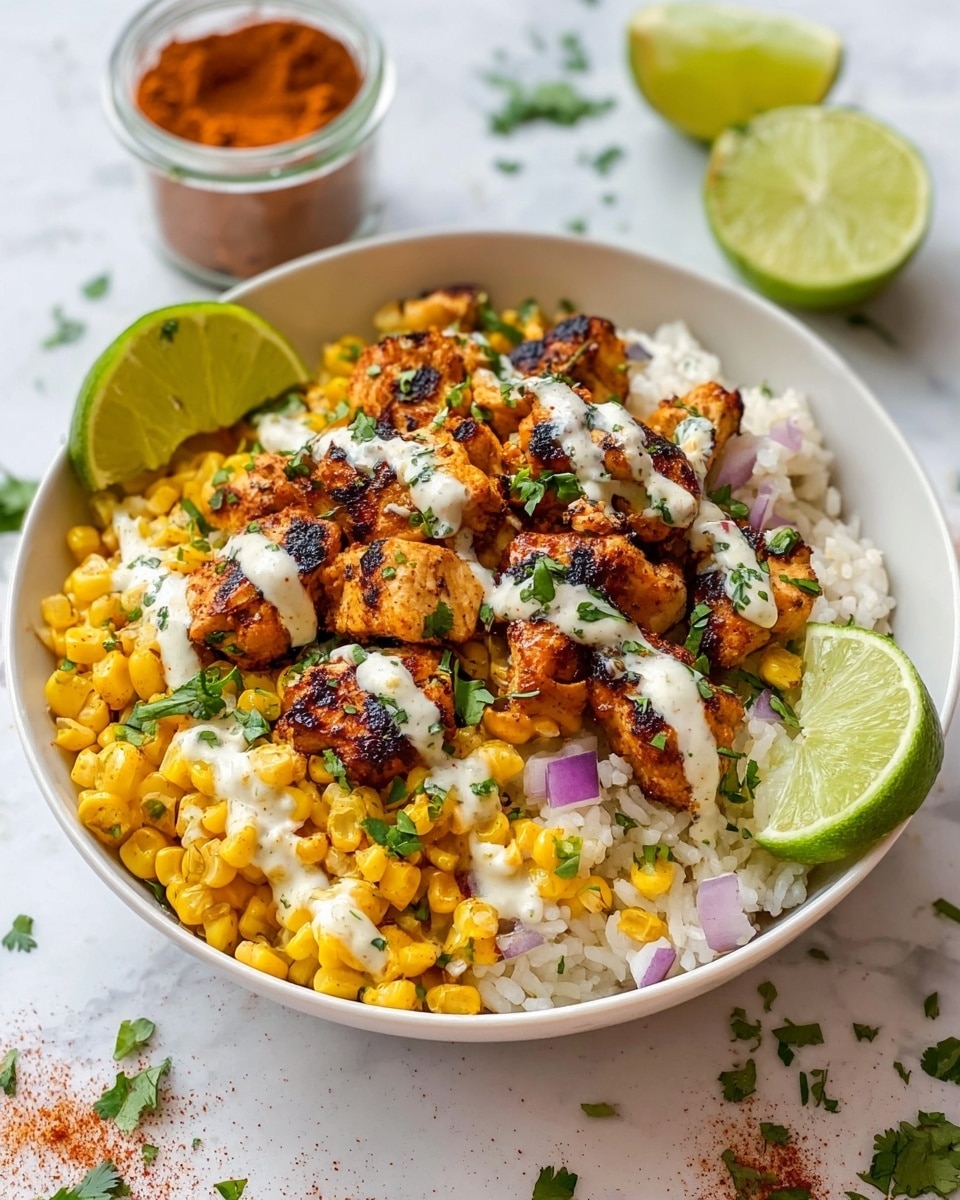 A white bowl filled with three main layers starts with a base of plain white rice, topped with a generous layer of bright yellow grilled corn kernels mixed with small bits of purple onion scattered throughout; on top are pieces of charred, golden brown grilled chicken chunks drizzled with a creamy white sauce. There are green cilantro leaves sprinkled on the dish for color and two fresh lime wedges placed on opposite sides inside the bowl. The bowl sits on a white marbled surface with some loose cilantro bits and a few lime wedges around it, along with a small glass container filled with reddish seasoning powder nearby. Photo taken with an iphone --ar 4:5 --v 7