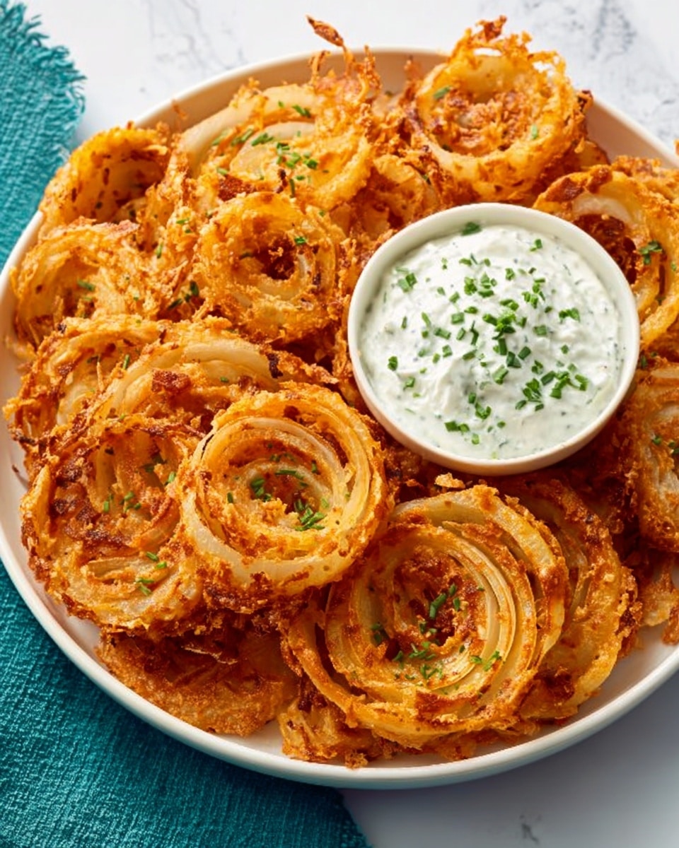 A bowl filled with many round, golden-brown fried onion rings that show crispy edges and slightly curled textures in layers. The onion rings are sprinkled with small green herb pieces scattered all over. In the center of the bowl, there is a smaller white bowl containing smooth, creamy white dip topped with chopped green herbs. The bowl rests on a white marbled surface with a teal cloth partially visible to the left. photo taken with an iphone --ar 4:5 --v 7