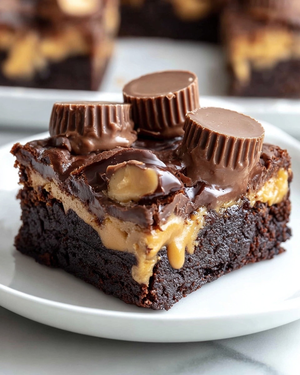 A close-up view of a square brownie sits on a white plate with a white marbled background. The brownie has three visible layers: the bottom layer is dark brown and moist with a rich chocolate texture; the middle layer is creamy and light brown, showing smooth peanut butter embedded within the brownie; the top layer is a shiny, firm dark chocolate coating. On top, there are several halved peanut butter cups with ridged sides, dark brown glossy chocolate tops, and a rich peanut butter center. The edges of the brownie show slightly melted chocolate and peanut butter oozing out tightly. Photo taken with an iphone --ar 4:5 --v 7