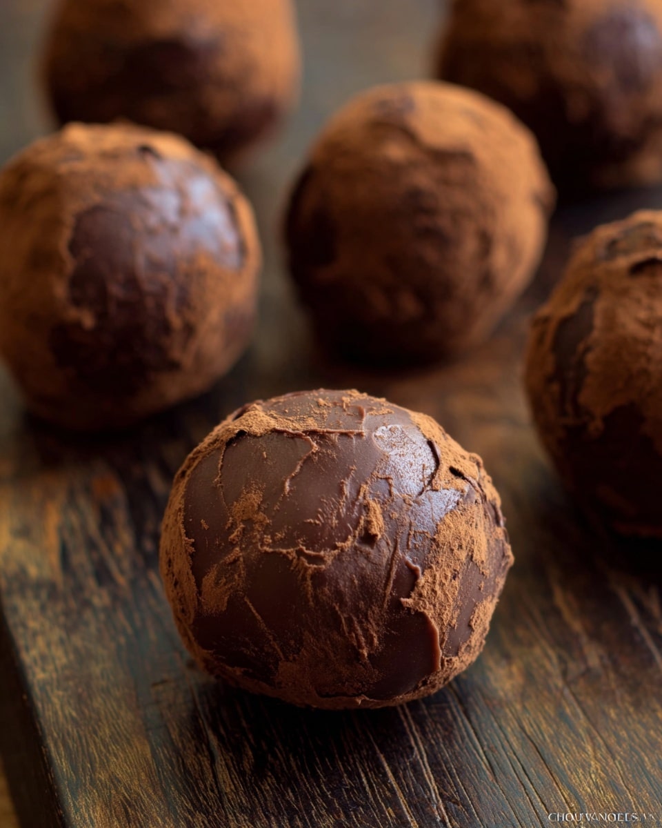 Several round chocolate truffles are arranged on a dark wooden surface. Each truffle has a rough, textured outer layer of thick, slightly shiny chocolate with visible brush or spatula marks giving an uneven finish. The truffles are smooth underneath with patches where the outer layer is thicker, showing a rich deep brown color. The focus is on the center truffle which appears slightly larger and more detailed, while the others blur softly in the background. Photo taken with an iphone --ar 4:5 --v 7