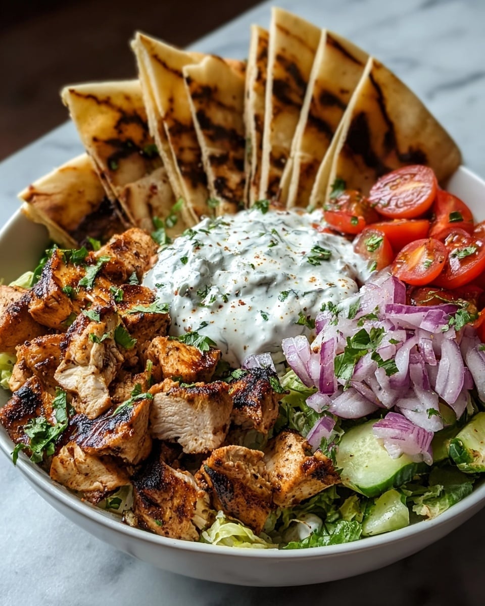 The dish is presented in a white bowl filled with several distinct layers. At the back, there are five grilled flatbreads folded and arranged upright, showing charred grill marks on their golden-brown surface. Moving forward, there are chopped grilled chicken pieces, browned with some blackened grill spots, placed in two clusters on the left and right sides of the bowl. In the center, a dollop of white creamy sauce with green herb specks and some ground black pepper tops the chicken. To the right of the sauce, there is a fresh mix of bright red tomato halves and thinly sliced purple onions sprinkled with green herbs. The base of the bowl, partially visible, shows a mix of chopped greens including lettuce and possibly herbs. The bowl is set on a white marbled textured surface. photo taken with an iphone --ar 4:5 --v 7