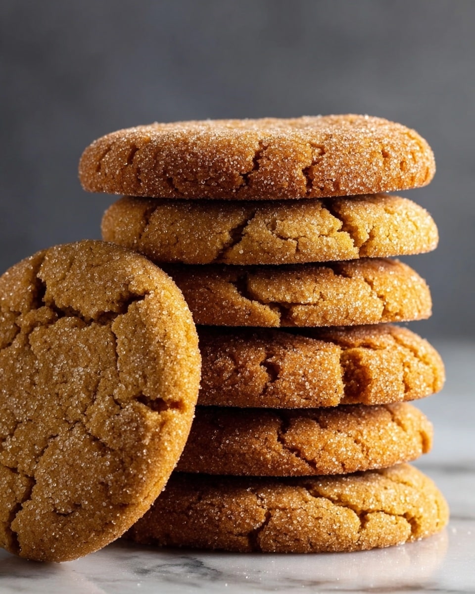 A close-up image shows a stack of seven thick, golden-brown cookies with a coarse sugar coating that sparkles on the surface. The top cookie is flat with visible cracks, while the one at the front leans slightly against the stack, revealing its round shape and textured, cracked surface. The cookies have a soft, crumbly look with slightly rough edges and a light sugar dusting. They sit on a white marbled texture, with a dark gray background softly blurred behind them. photo taken with an iphone --ar 4:5 --v 7