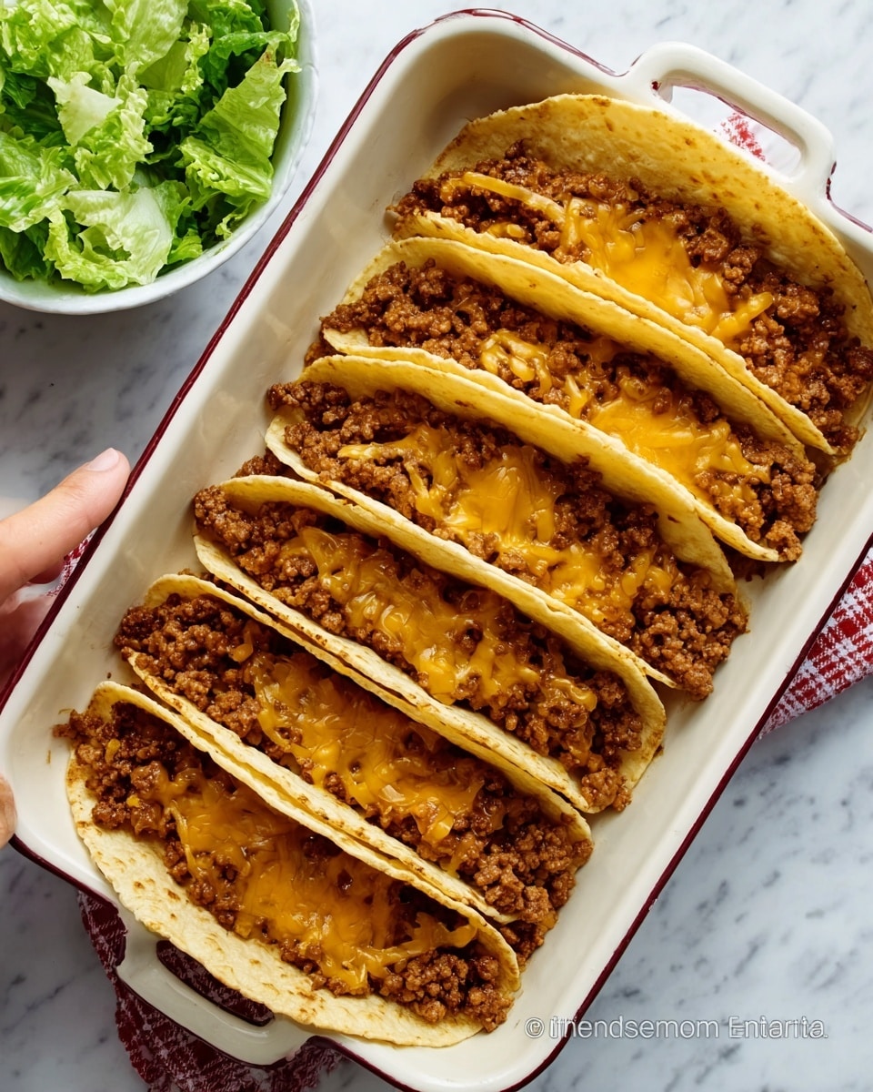 A white rectangular dish holds seven soft tacos arranged side by side, each filled with a rich layer of cooked ground meat mixed with melted orange cheddar cheese. The tacos' tortillas are light beige with a soft, slightly uneven texture, gently folding over the filling. The ground meat looks juicy and well-cooked with a crumbly texture, and the melted cheese adds a smooth, glossy, vibrant orange layer on top. The dish sits on a white marbled surface, accompanied by a small bowl of fresh green lettuce leaves and a woman's hand lightly touching the edge of the dish. photo taken with an iphone --ar 4:5 --v 7