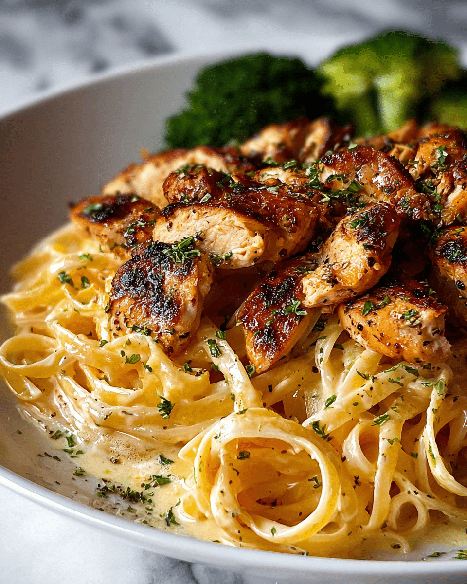 A white plate holds creamy pasta layered at the bottom with smooth, yellowish fettuccine noodles, topped with golden-brown grilled chicken pieces speckled with black pepper and herbs, and garnished with tiny green parsley bits scattered around and on top. Small green broccoli florets are visible in the background, giving a splash of color. The dish has a warm, rich look with juicy textures and fresh herb details, set against a white marbled surface. photo taken with an iphone --ar 4:5 --v 7