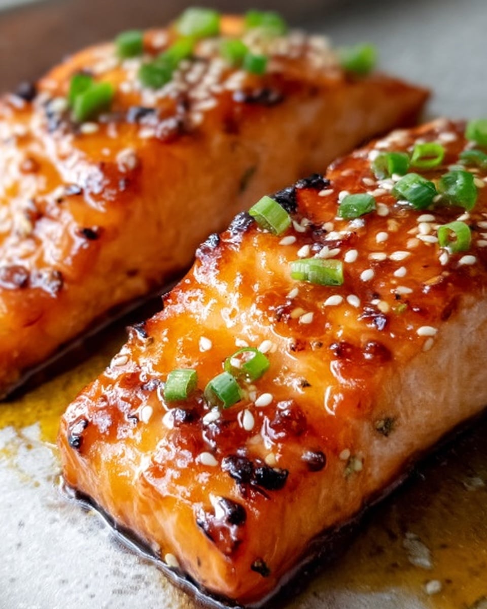 The image shows two pieces of grilled salmon placed closely together on a white marbled surface. Each salmon piece has a shiny, caramelized orange-brown glaze with slight charring marks, giving a textured look. Small green onion slices and white sesame seeds are sprinkled evenly on top, adding color contrast and detail. The salmon flesh beneath the glaze looks moist and soft with visible grill lines. photo taken with an iphone --ar 4:5 --v 7