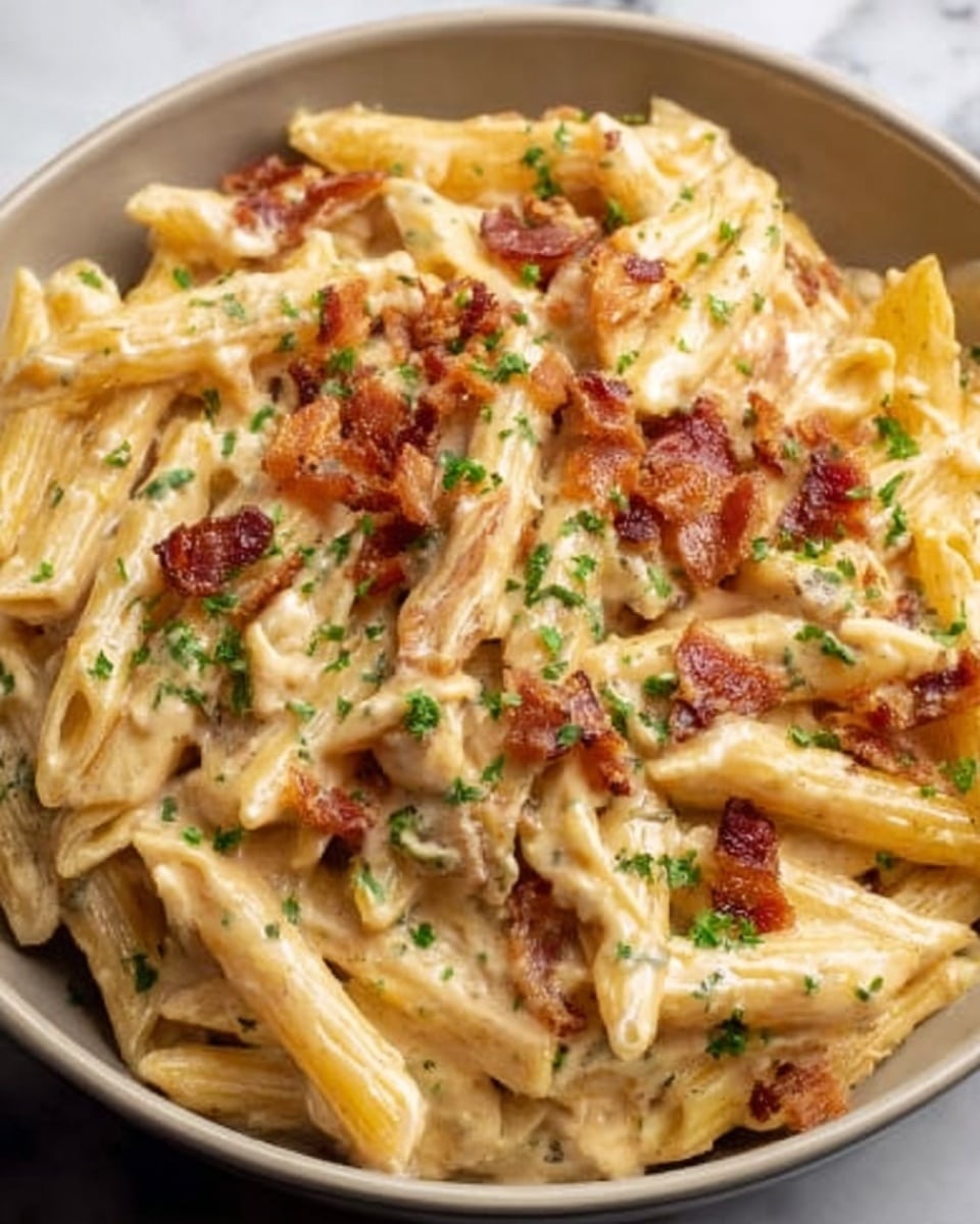 The image shows a close-up of a white bowl filled with creamy pasta. There are two layers: the bottom layer is pasta in a smooth, creamy white sauce with visible bits of cooked chicken mixed throughout. The top layer has crispy, golden-brown bacon pieces sprinkled evenly, with small green herb bits scattered on top. The pasta is a light golden color, while the sauce looks thick and rich. The bowl sits on a white marbled surface. photo taken with an iphone --ar 4:5 --v 7