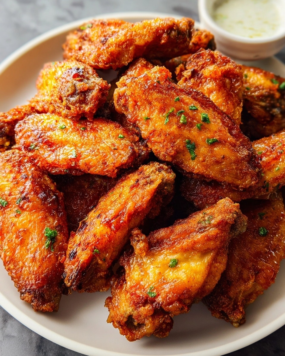 A white plate is full of about a dozen golden brown fried chicken wings piled on top of each other, showing a crispy and crunchy texture with a deep reddish-orange seasoning dusted all over. Small bits of chopped green herbs are sprinkled lightly on the wings, adding a fresh touch of color. The chicken wings are shiny with a light oily glaze, making them look hot and freshly cooked. In the background, there is a small white bowl with a dipping sauce, placed on a white marbled surface. photo taken with an iphone --ar 4:5 --v 7