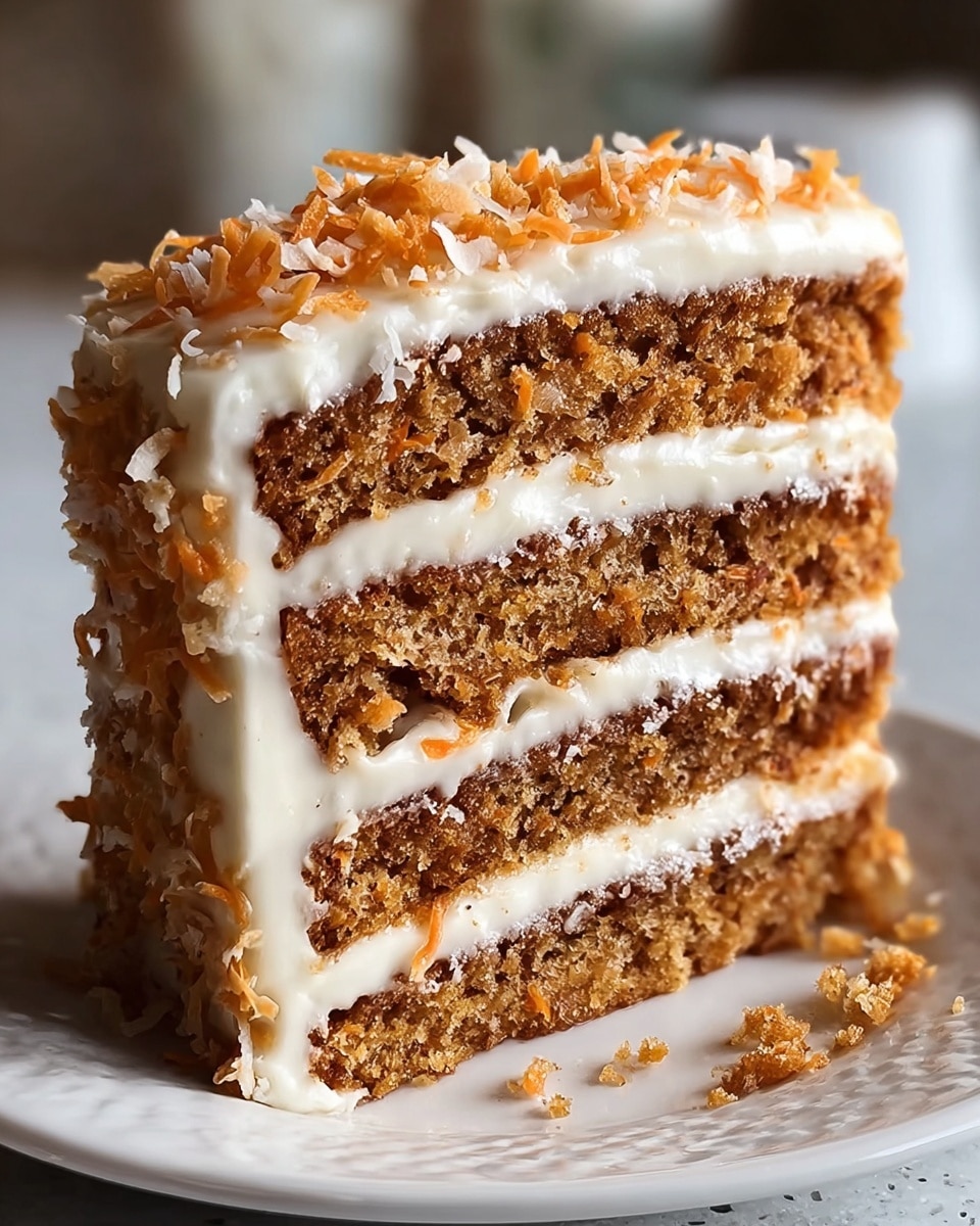 A close-up of a tall slice of carrot cake with four layers of moist, light brown crumb showing visible bits of carrot. Between each layer is a thick spread of smooth, creamy white frosting. The top layer is covered in the same creamy white frosting with shredded carrot and coconut flakes sprinkled over it. The cake is on a white plate with a white marbled-textured background. Some cake crumbs are scattered near the bottom right side of the plate. photo taken with an iphone --ar 4:5 --v 7