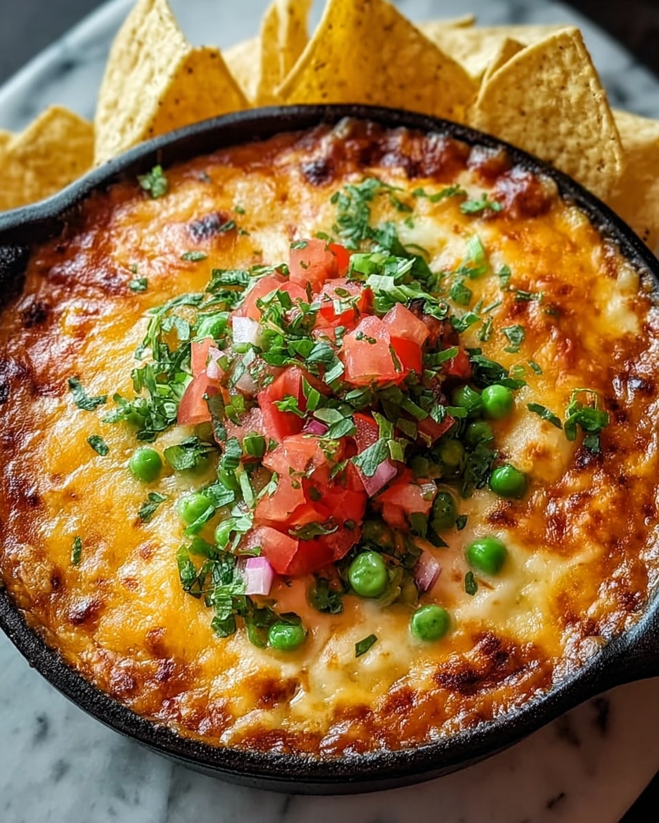 A round black dish filled with a thick layer of melted golden brown cheese on top, slightly bubbly and browned at the edges. Underneath the cheese is a rich red sauce peeking through in spots. The dish is topped with fresh green herbs and small chunks of red tomato, white onion, and bright green peas, giving a fresh and colorful contrast. Around the edge, several light yellow tortilla chips stand upright. The dish sits on a white marbled surface. photo taken with an iphone --ar 4:5 --v 7