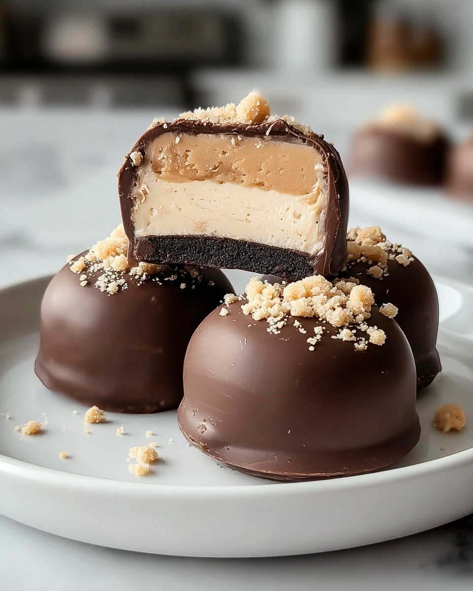 The image shows three small round chocolate-covered treats placed on a white plate on a white marbled surface. Each treat has a smooth, milk chocolate outer layer and sits on a thin, darker chocolate base. The top of each treat is sprinkled with small beige crumbly pieces. One treat is cut in half and placed on top of another, revealing three inner layers: a dark chocolate base, a thick creamy beige middle layer with a smooth texture, and a thin milk chocolate coating on the outside. The photo taken is close up with soft lighting and a blurred kitchen background. photo taken with an iphone --ar 4:5 --v 7