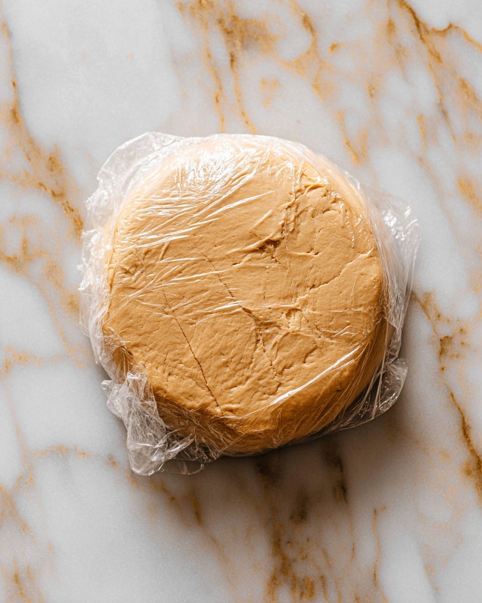 A round, thick dough wrapped loosely in clear plastic wrap sits on a white marbled surface. The dough is light golden brown with small cracks and a slightly rough texture on the top, showing it is dense and firm. The plastic wrap clings gently around the dough with some folds and wrinkles. The backdrop is a smooth, white marble with brown and a touch of gold veining. photo taken with an iphone --ar 4:5 --v 7