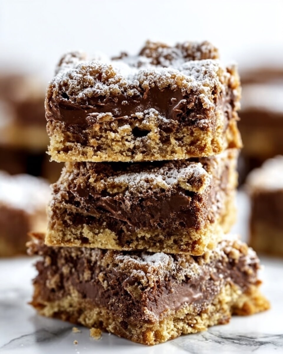 A stack of three square dessert bars with a crumbly, light brown crust and a thick, glossy chocolate layer in the middle, dusted lightly with powdered sugar on top. The bars have a rough, textured surface with visible pieces of the crust mixed in the chocolate layer, and they sit on a white marbled surface with blurred similar bars in the background. The lighting is bright, highlighting the moist and rich texture of the chocolate and the crumbly crust photo taken with an iphone --ar 4:5 --v 7