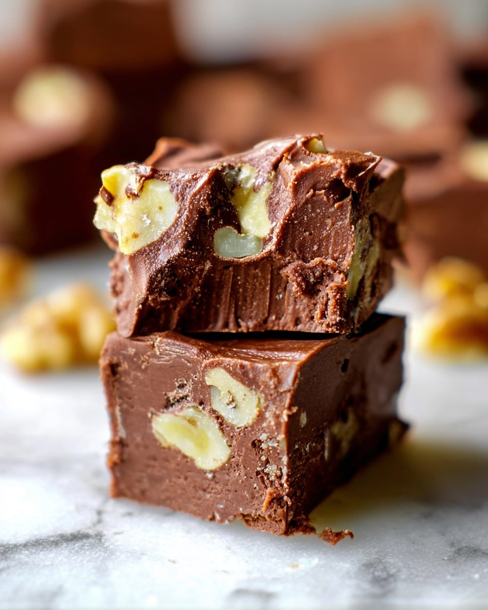 The image shows two pieces of chocolate fudge stacked on a white marbled surface, with the top piece slightly broken to reveal the inside. The fudge is rich dark brown with a slightly crumbly, smooth texture on the outside, and contains chunks of light beige walnuts scattered throughout, creating a mix of creamy chocolate and crunchy nut layers. The background is softly blurred with more pieces of similar fudge visible. Photo taken with an iphone --ar 4:5 --v 7