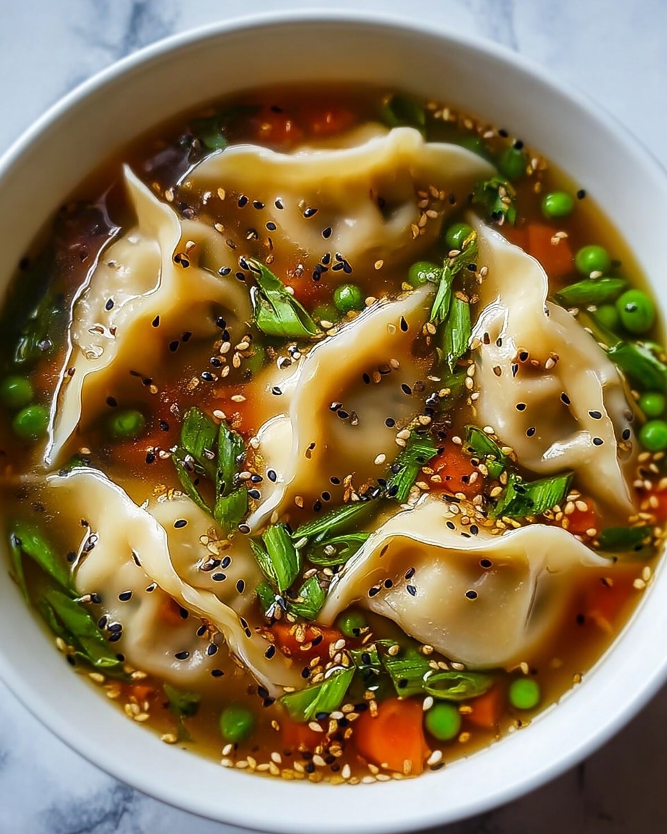 A white bowl filled with a clear broth soup containing several folded dumplings with a smooth, pale dough texture, floating alongside bright green peas and chopped green onions. The soup has visible small orange carrot pieces and is sprinkled generously with black and white sesame seeds. The broth is glossy, showing a mix of light brown and dark oil droplets on its surface. The bowl sits on a white marbled surface, giving a clean and fresh look. photo taken with an iphone --ar 4:5 --v 7