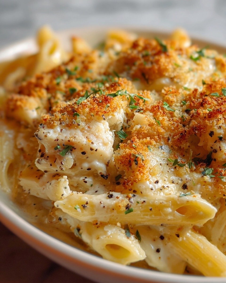 The dish shows baked pasta with pieces of white chicken on top. The first layer is creamy, light yellow cheese sauce covering the pasta, which is pale yellow and tubular with ridges. On top of the sauce and pasta, there are golden brown crispy crumbs sprinkled all over. The chicken pieces are white with a soft texture and are also topped with the same crunchy crumbs. Small bits of green herbs are scattered around, adding color contrast. Black peppercorn bits are visible on the cheese sauce and chicken, giving a speckled look. The close-up photo is shot on a white marbled texture surface. Photo taken with an iphone --ar 4:5 --v 7