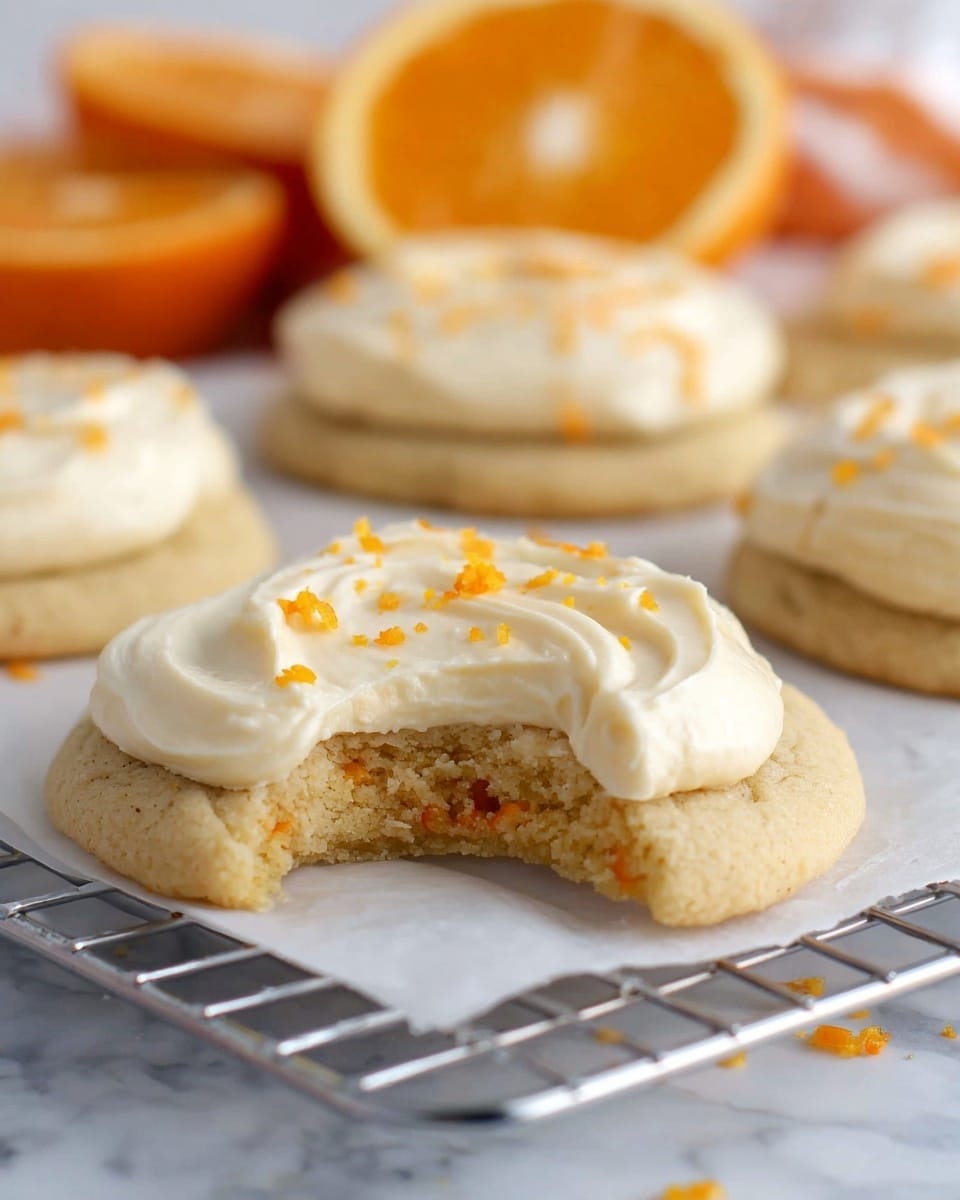 The image shows soft, round cookies with a light golden color, arranged on crinkled white parchment paper. Each cookie has one thick layer of creamy, white frosting spread smoothly on top, sprinkled with small flakes of bright orange zest. One cookie in the front has a bite taken out of it, showing the soft and slightly crumbly inside texture. The cookies are set on a silver wire cooling rack with a white marbled surface beneath. In the background, halves of fresh oranges are slightly out of focus. Photo taken with an iphone --ar 4:5 --v 7