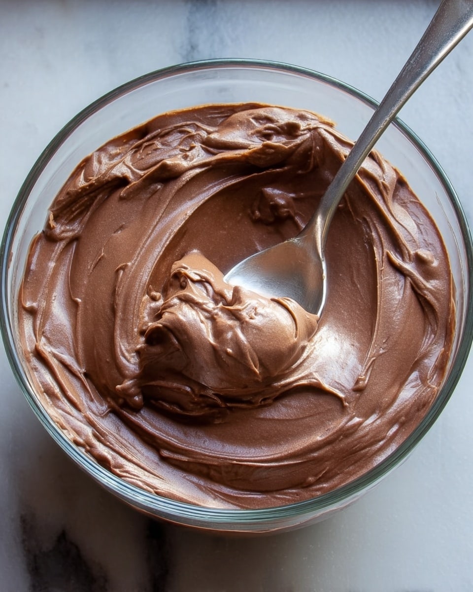 A clear glass bowl filled with thick, smooth, and creamy chocolate mousse, showing a rich brown color with soft peaks and folds on the surface; a silver spoon is partly sunk into the mousse, revealing a dense texture; the bowl is placed on a white marbled surface, and a woman's hand is not visible but implied to be holding or near the spoon. Photo taken with an iphone --ar 4:5 --v 7
