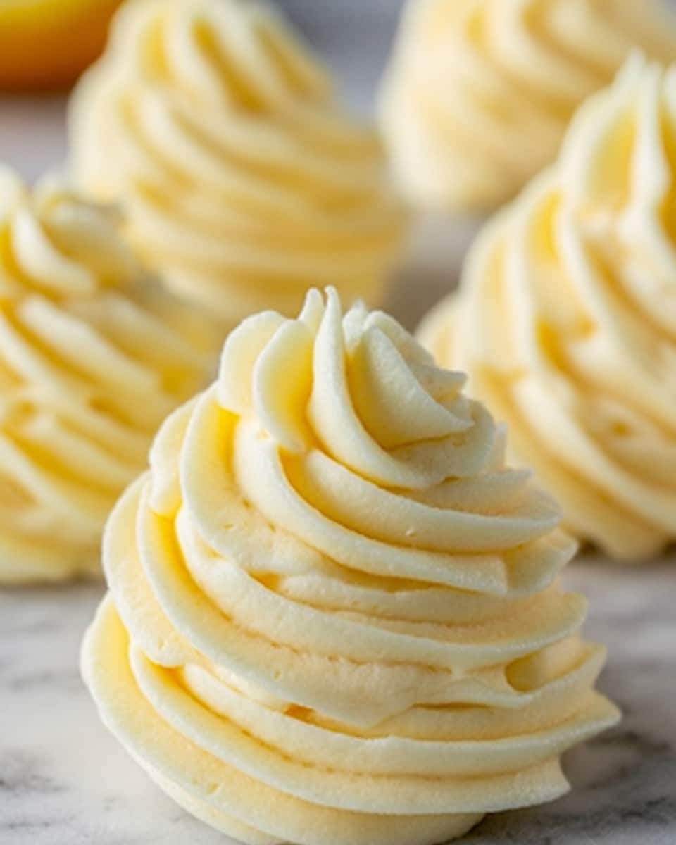 The image shows a close-up of several small swirls of yellow buttercream frosting, each with multiple smooth, curved layers that create a soft, creamy texture. The frosting has a slight shine and delicate ridges from being piped, placed against a white marbled surface that softly contrasts with the bright yellow color. The focus is on the foreground swirl, with the others softly blurred in the background, highlighting their smooth and rich texture. photo taken with an iphone --ar 4:5 --v 7