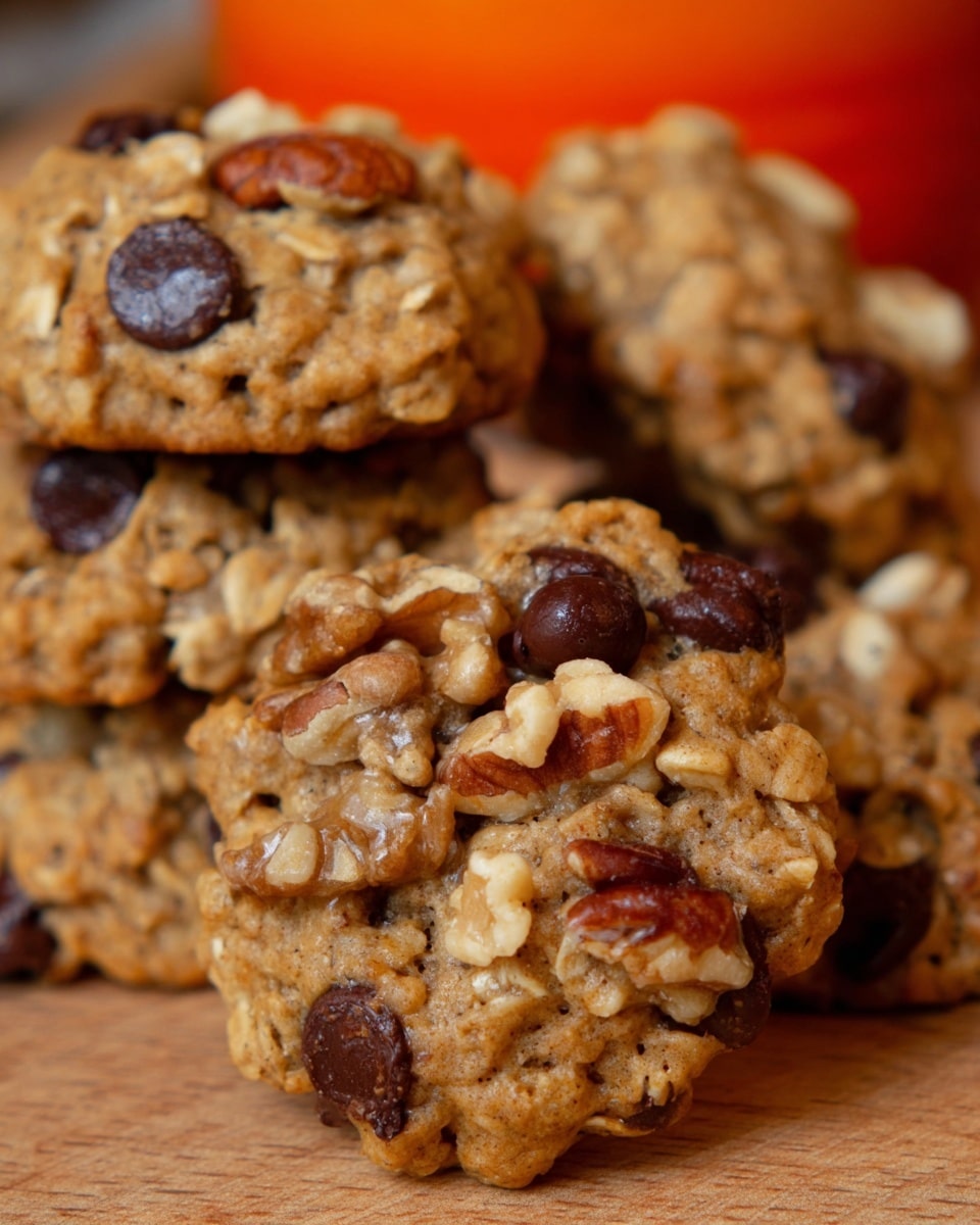 The image shows a close-up of a small stack of chunky oatmeal cookies with visible add-ins. The cookies have a light golden-brown color with textured oats on the surface. Dark chocolate chips are scattered on top and inside, adding smooth dark brown spots. There are also pieces of walnuts and whole pecans, showing a mix of light tan and medium brown shades with a rough, crunchy texture. The cookies sit on a wooden surface with a blurred orange container in the background. photo taken with an iphone --ar 4:5 --v 7