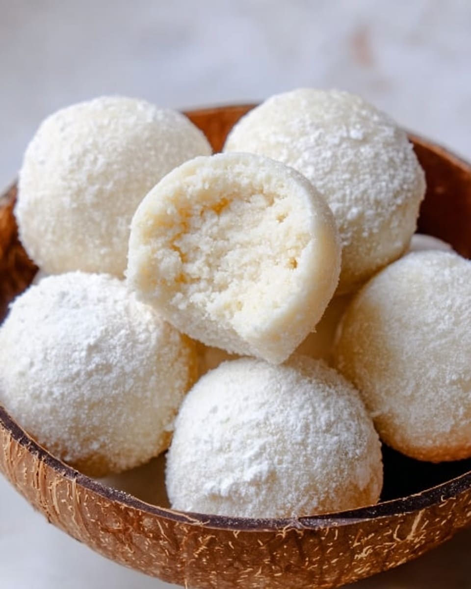 A close-up view of several round, white sweets with a powdery texture in a shallow brown coconut shell bowl, each sweet showing a smooth outer layer covered in fine white powder. One sweet is broken open at the top center, revealing a soft, crumbly inside that looks dense and slightly grainy. The bowl rests on a white marbled surface that softly contrasts with the sweets' pale color, emphasizing their light texture. photo taken with an iphone --ar 4:5 --v 7