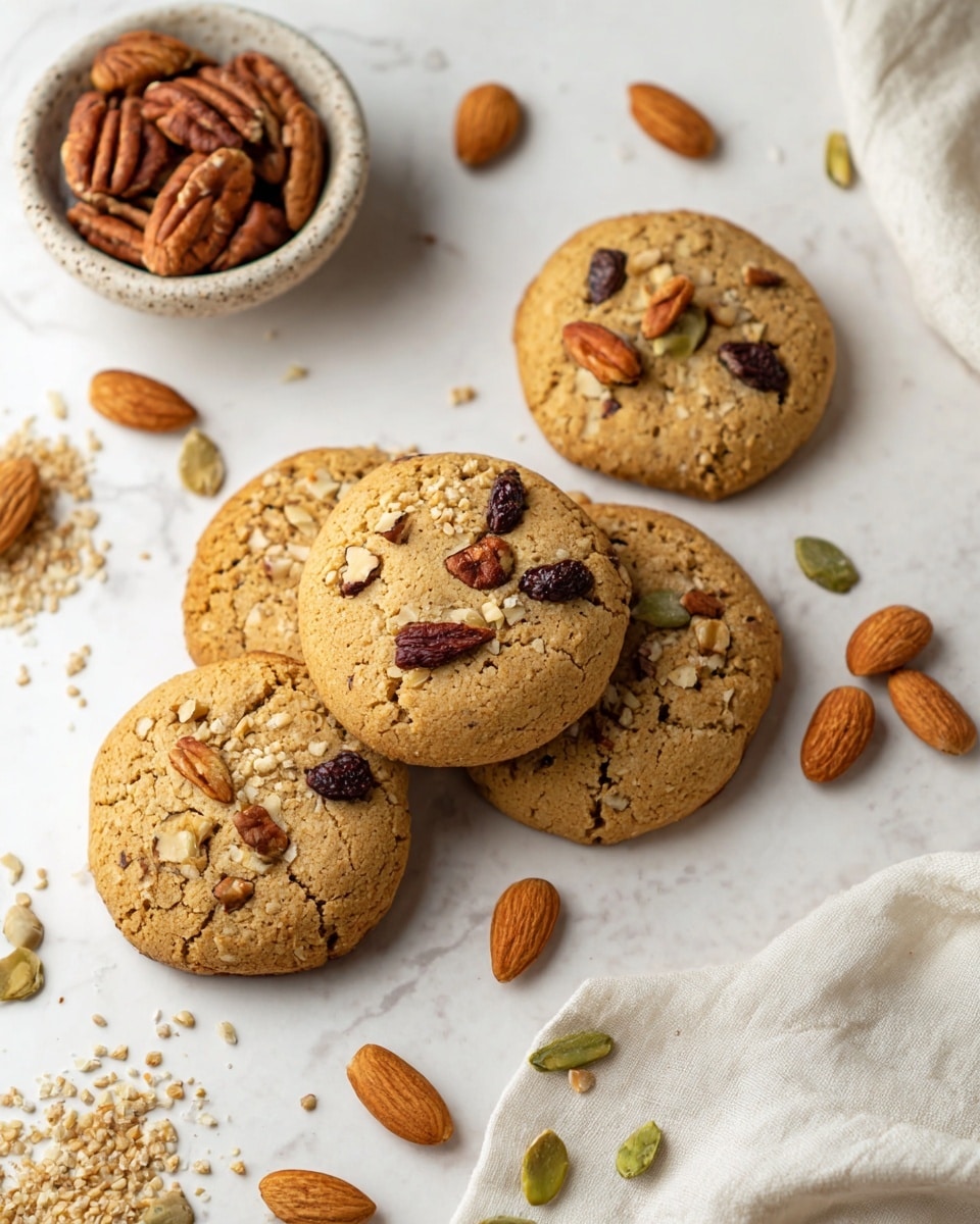 A group of five round cookies with a golden-brown color and a slightly cracked texture lie on a white marbled surface, some resting on a white cloth napkin. Each cookie has a few dark brown nuts embedded on top, adding a rough texture. Scattered around the cookies are various nuts and seeds, including whole almonds and pumpkin seeds, adding small spots of brown and green. In the upper left corner, a small white stone bowl filled with pecans and walnuts adds an extra layer of rustic warmth to the scene. The overall look is cozy and natural, with a soft light emphasizing the texture of the cookies and nuts. photo taken with an iphone --ar 4:5 --v 7