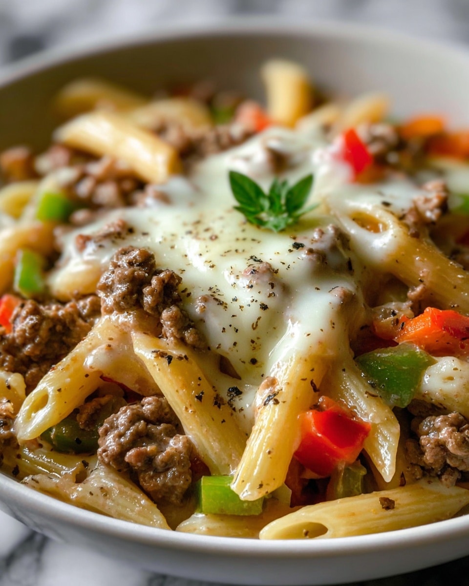 A close-up view of a white bowl filled with creamy baked pasta, showing three main layers. The bottom layer is rigatoni noodles, pale yellow with smooth ridges. The middle layer contains browned ground meat, mixed with small pieces of green bell pepper and red tomato, adding bright green and red spots. The top layer is melted white cheese sprinkled with black pepper flakes, stretching over the pasta and meat. A tiny green herb leaf adds a fresh touch in the center. The bowl sits on a white marbled surface, and the photo is taken with an iphone --ar 4:5 --v 7