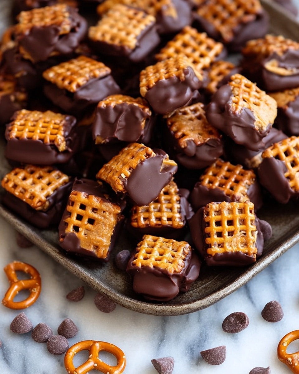 The image shows a tray filled with multiple pieces of a snack made of small square pretzels dipped partially in dark chocolate. Some of the pretzels have a peanut butter layer visible between two pretzel squares, also partially coated with dark chocolate. The pretzels are arranged closely on the tray with some scattered chocolate chips and pretzels on a white marbled surface around it. The chocolate is glossy and smooth, and the pretzels are golden brown with a crunchy texture. photo taken with an iphone --ar 4:5 --v 7