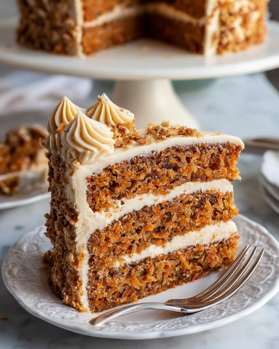 A slice of three-layer carrot cake with light brown cream cheese frosting between each layer and on top. The cake layers are moist and speckled with bits of carrot and nuts, giving a rough texture, while the frosting on top is smooth with piped swirls decorated with small crumb pieces. The slice is placed on a white plate with delicate edges, sitting on a white marbled surface, with a fork beside it. In the background, the full cake with more cream and crumbs visible on a white cake stand is blurred. Photo taken with an iphone --ar 4:5 --v 7