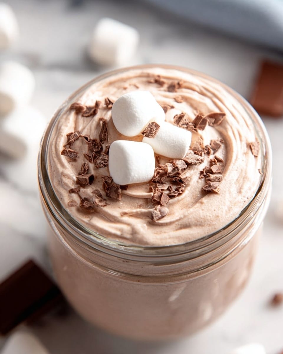 A close-up view of a transparent glass jar filled with a smooth, light brown creamy dessert that nearly reaches the top. The surface of the dessert shows soft swirls and a whipped texture. On top, there are three small white marshmallows grouped together near the center and scattered chocolate shavings around them. The jar is placed on a white marbled surface with a soft focus background that has hints of more marshmallows and chocolate pieces. Photo taken with an iphone --ar 4:5 --v 7