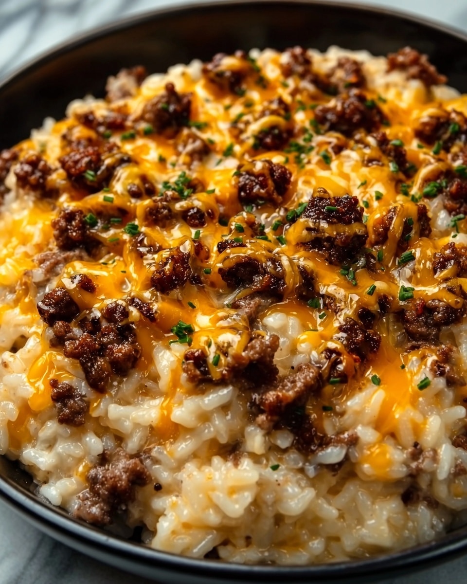 A close-up of a creamy rice dish in a white bowl layered with three visible parts: the bottom layer is soft, slightly shiny white rice, the middle layer has small brown cooked ground meat pieces, and the top layer is melted cheese with both pale yellow and bright orange patches spread evenly, garnished with small bits of green herbs. The texture of the cheese looks gooey and stretches over the meat. The photo is taken on a white marbled surface. photo taken with an iphone --ar 4:5 --v 7