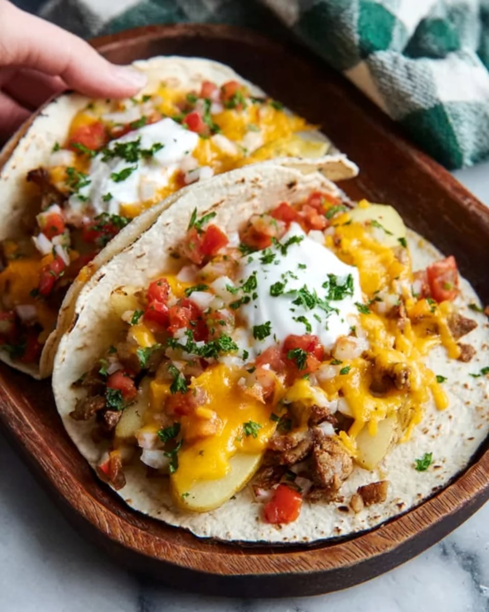 Two soft tacos on a brown wooden tray placed on a white marbled surface, each filled with a base layer of light yellow sliced potatoes topped with melted bright orange cheddar cheese, small chunks of grilled meat, diced red tomatoes, creamy white sour cream dollops, and sprinkled with green fresh herbs. A woman's hand is reaching from the top left corner towards one of the tacos. Photo taken with an iphone --ar 4:5 --v 7