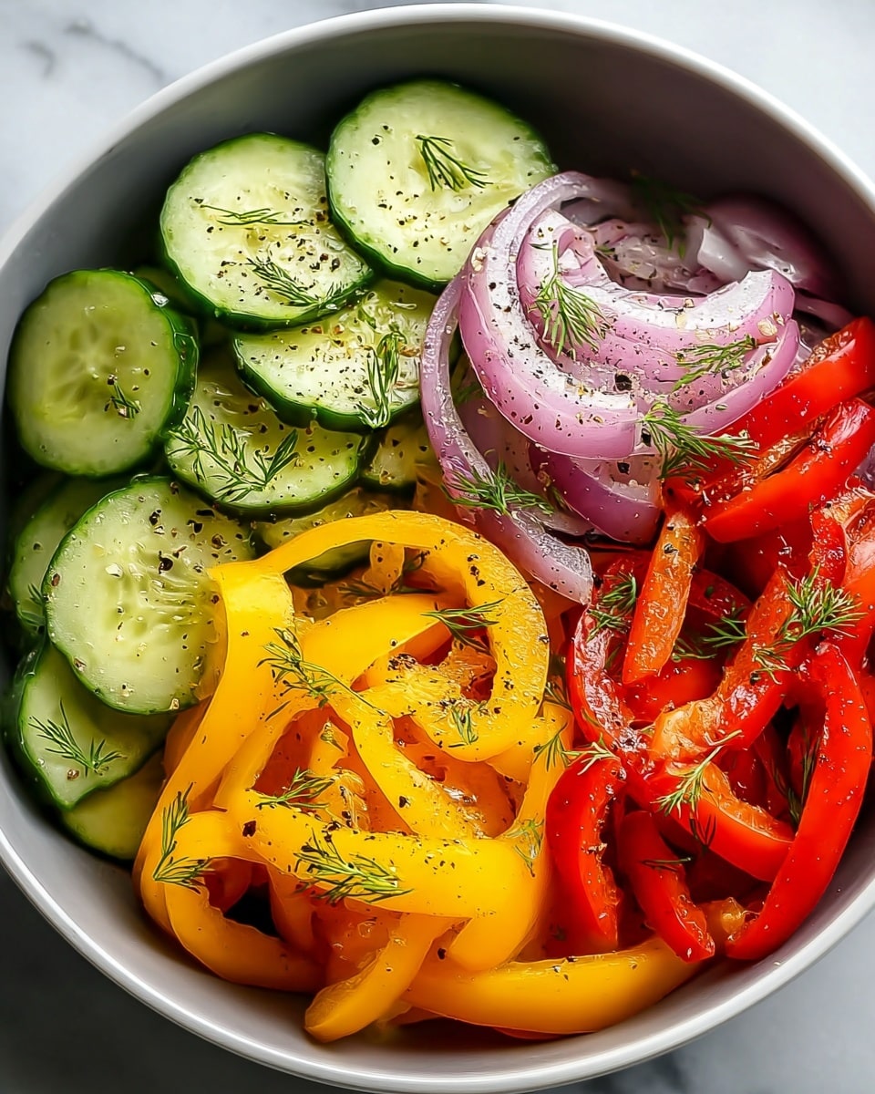 This image shows a bowl of fresh vegetable salad with three main layers arranged side by side. On the left side are thin green cucumber slices with textured edges and small sprigs of dill on top, lightly sprinkled with black pepper. The middle section has thin red onion rings with a smooth texture, mixed in with red and yellow bell pepper strips, both bright and glossy, also sprinkled with black pepper. The right side is filled mostly with yellow and red bell pepper strips, looking juicy and vibrant with small dill sprigs scattered on top. The bowl is white, and the background is a white marbled texture. photo taken with an iphone --ar 4:5 --v 7