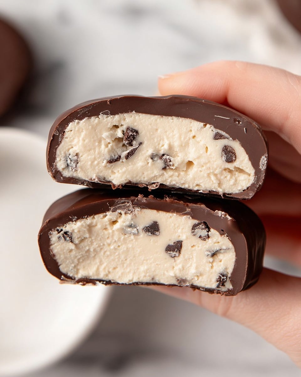 A close-up of a woman's hand holding two halves of a chocolate-covered treat. The treat has two visible layers: a thick, creamy off-white inside layer with small dark chocolate chips scattered throughout, and a smooth, dark brown chocolate outer coating. The inside layer looks soft and slightly textured, while the chocolate coating is firm and glossy. The background features a white marbled texture with a blurred white bowl in the background. photo taken with an iphone --ar 4:5 --v 7