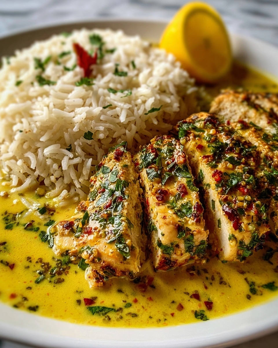 A white plate holds a dish with two main layers. The bottom layer is white rice mixed with green herbs, giving it small green specks throughout the fluffy grains. On top, there are grilled chicken pieces with a golden brown, slightly charred look, covered with chopped green herbs. Cherry tomatoes and small slices of mushrooms with a glossy look sit on top of the chicken. A light yellow sauce with a smooth texture surrounds the base of the rice. The plate is on a white marbled surface. photo taken with an iphone --ar 4:5 --v 7
