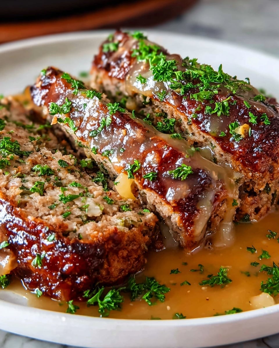 The image shows two thick slices of meatloaf on a white plate, with one slice cut open to reveal a soft and moist interior mixed with herbs. The outside of the meatloaf is dark brown and crispy, covered with a shiny light brown gravy that drips down the sides. Finely chopped green parsley is sprinkled generously on top and on the plate, adding bright green color contrast to the rich brown meat and gravy. The plate sits on a white marbled textured surface. photo taken with an iphone --ar 4:5 --v 7