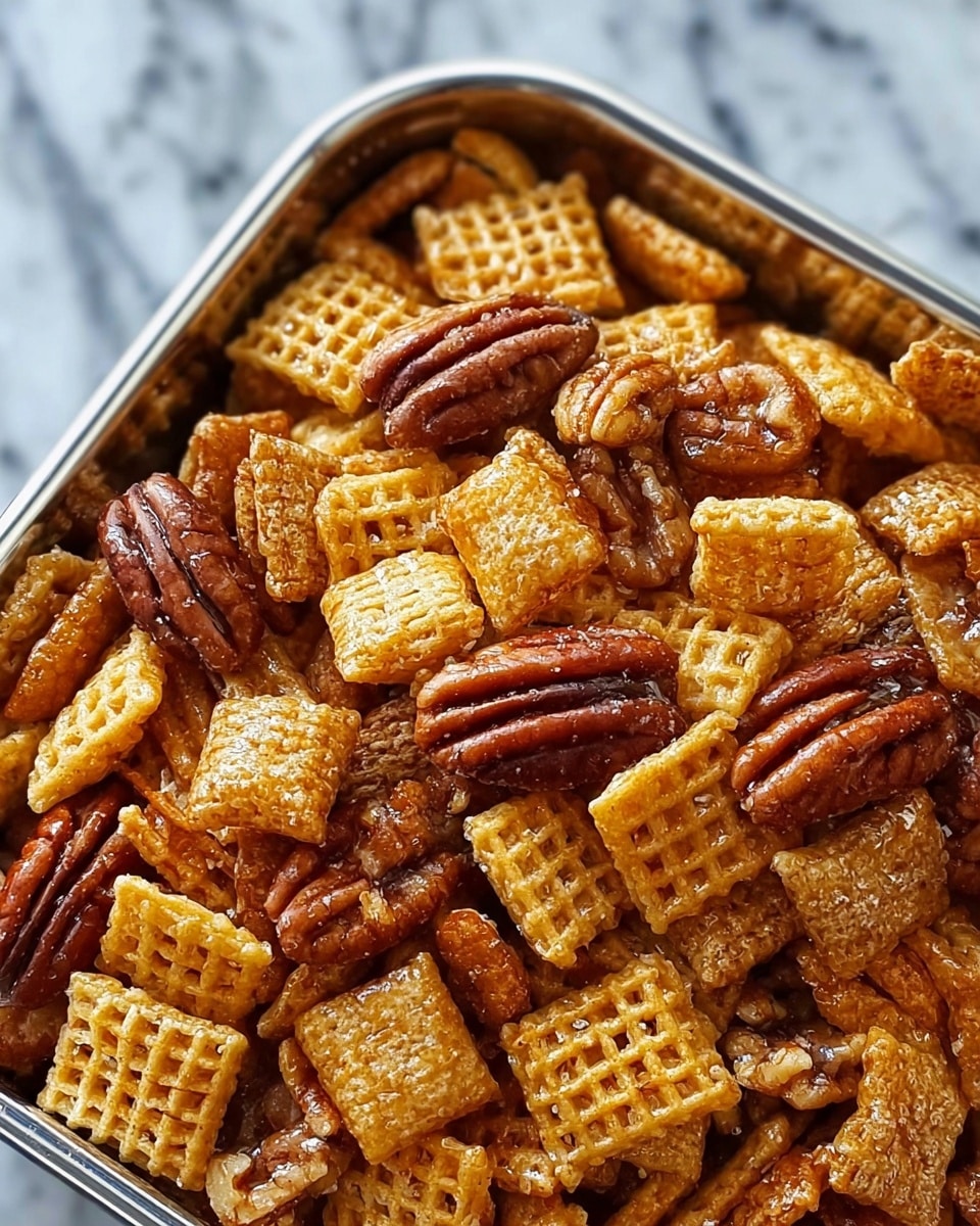 The image shows a close-up of a snack mix in a silver square container. The mix has two main layers visible: the first layer is golden crispy cereal pieces with a waffle-like texture, and the second layer is medium-brown pecan nuts scattered throughout. The cereal pieces have a shiny surface, suggesting they are coated with a sweet glaze, while the pecans show a natural rough texture. The container is placed on a white marbled surface. Photo taken with an iphone --ar 4:5 --v 7