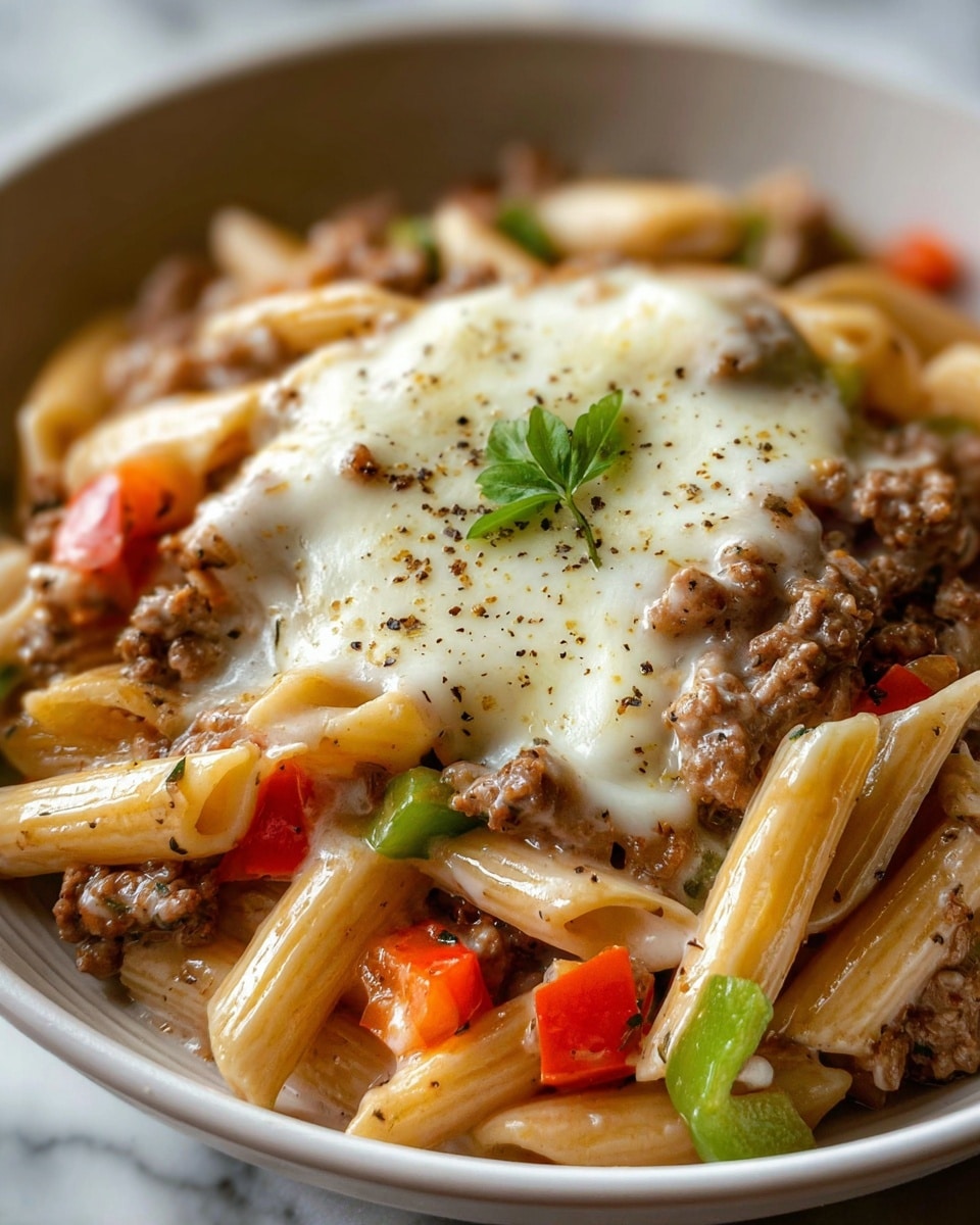 The dish shows a close-up of cooked penne pasta mixed with small pieces of brown ground meat and diced red and green bell peppers. On top of the pasta and meat, there is melted white cheese with some black pepper sprinkled over it. A small green herb leaf sits in the center, adding a fresh touch. The food is served in a white bowl and rests on a white marbled surface. The photo is detailed and sharp, focusing on the creamy, textured layers of pasta, meat, peppers, and cheese. photo taken with an iphone --ar 4:5 --v 7